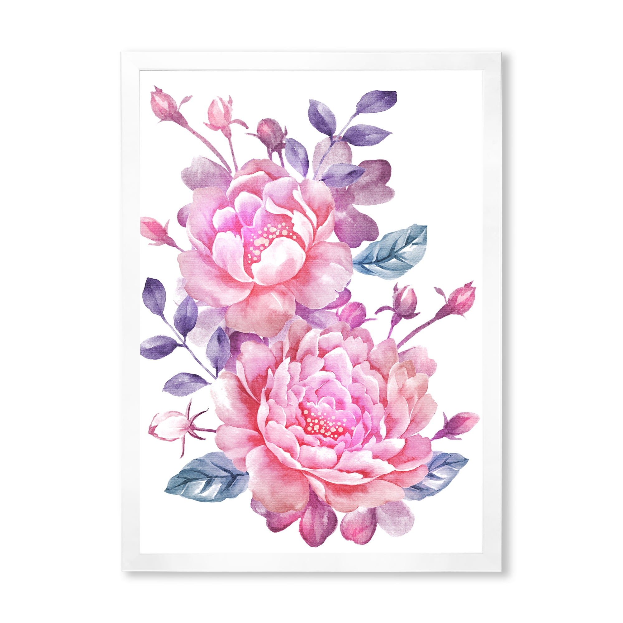 Designart 'Pink Retro Flowers With Blue Leaves On White' Traditional Framed Art Print