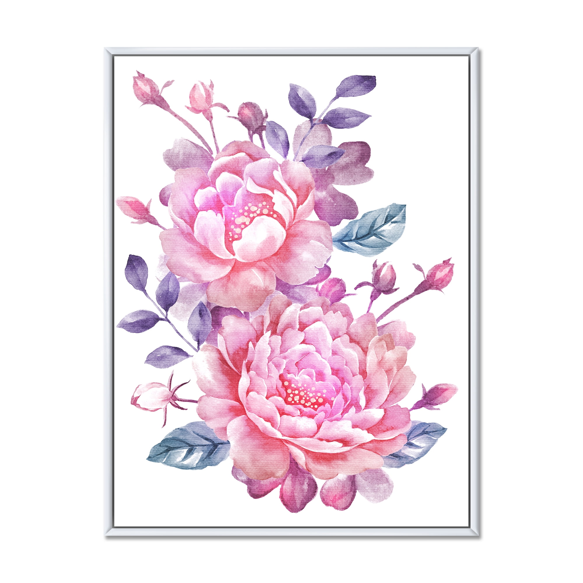 Designart 'Pink Retro Flowers With Blue Leaves On White' Traditional Framed Canvas Wall Art Print