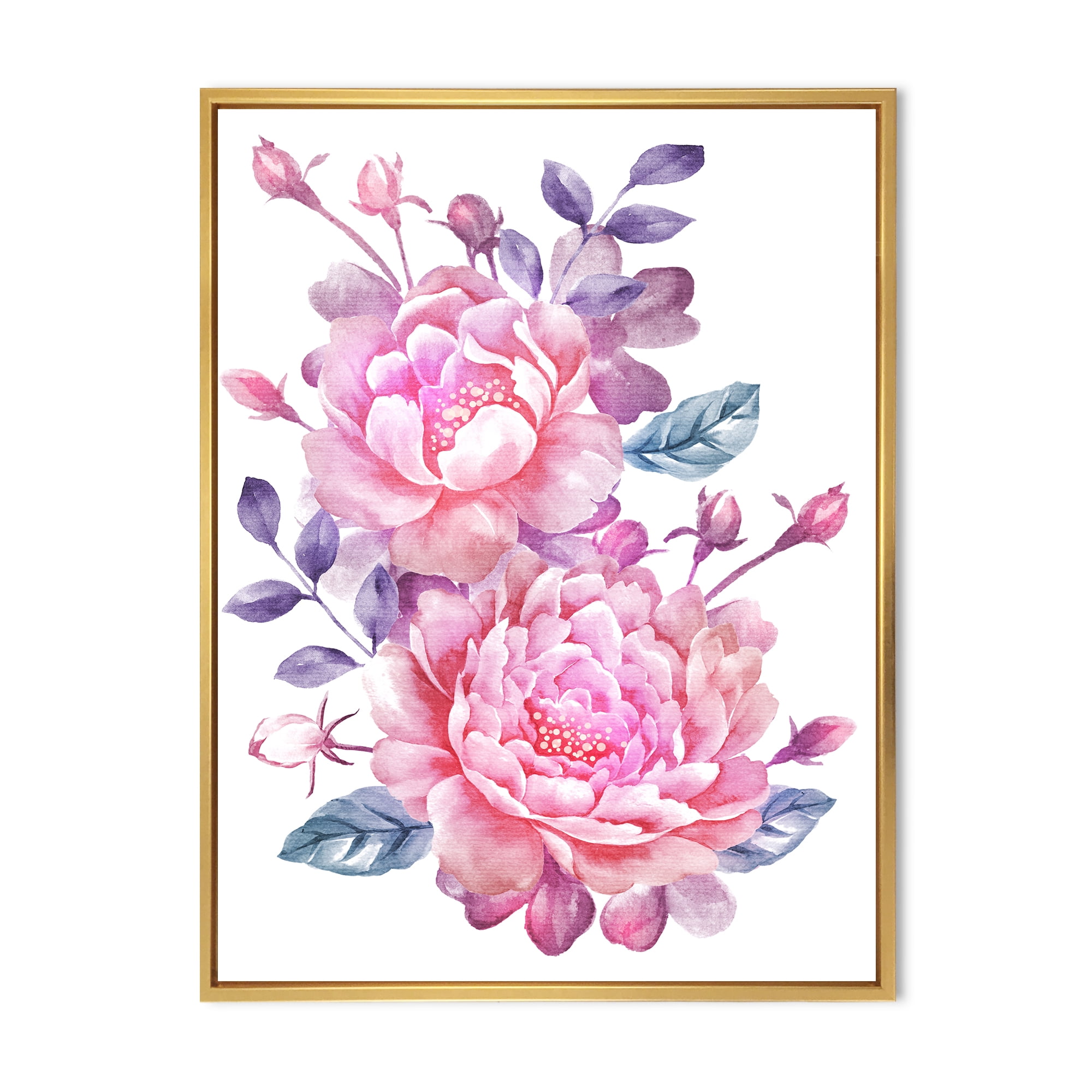 Designart 'Pink Retro Flowers With Blue Leaves On White' Traditional Framed Canvas Wall Art Print
