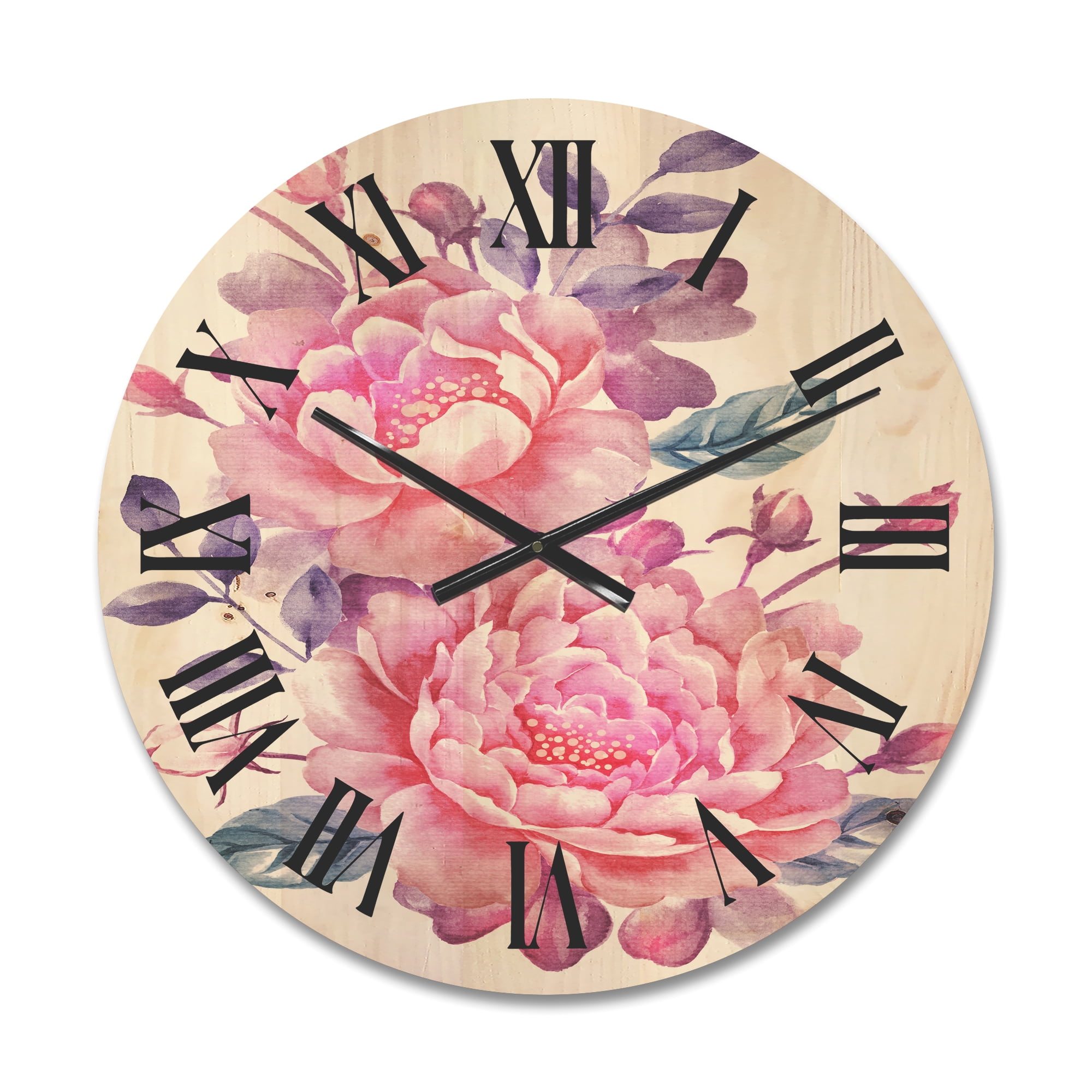 Designart 'Pink Retro Flowers With Blue Leaves On White' Traditional Wood Wall Clock