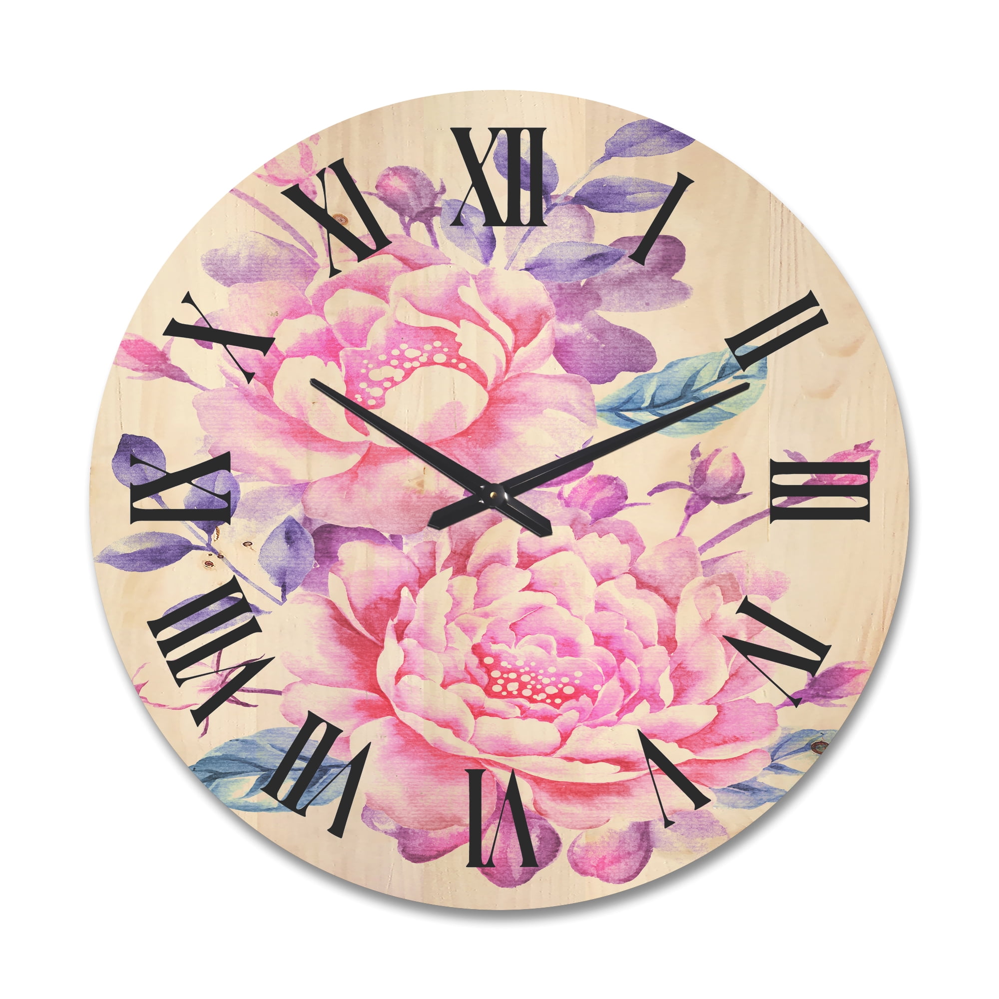 Designart 'Pink Retro Flowers With Blue Leaves On White' Traditional Wood Wall Clock