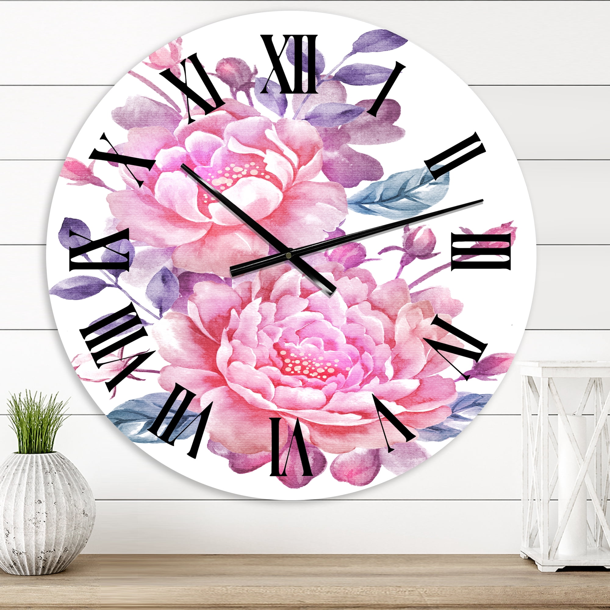 Designart 'Pink Retro Flowers With Blue Leaves' Traditional Wall Clock