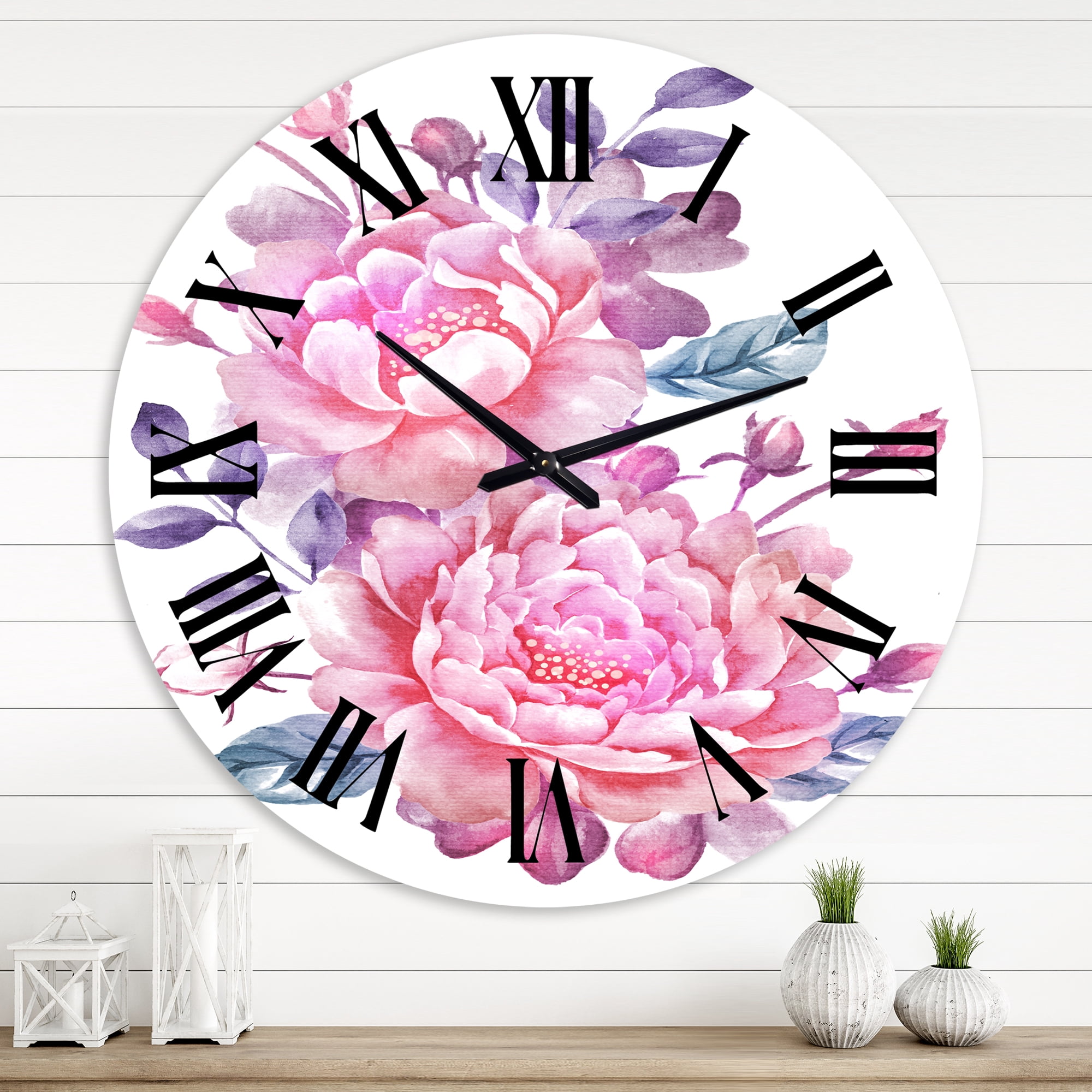 Designart 'Pink Retro Flowers With Blue Leaves' Traditional Wall Clock