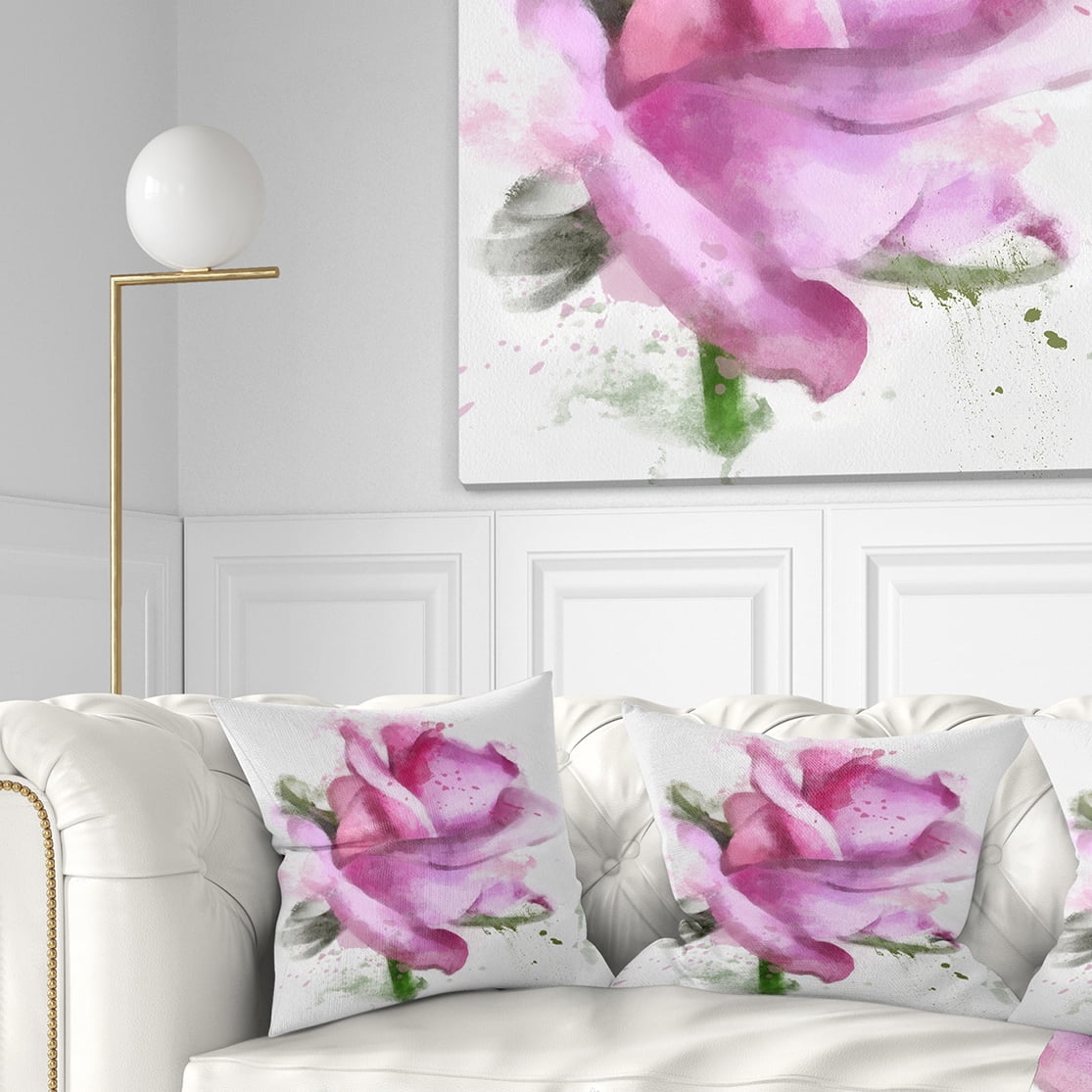 Designart Pink Rose Drawing Watercolor - Floral Throw Pillow - 18x18