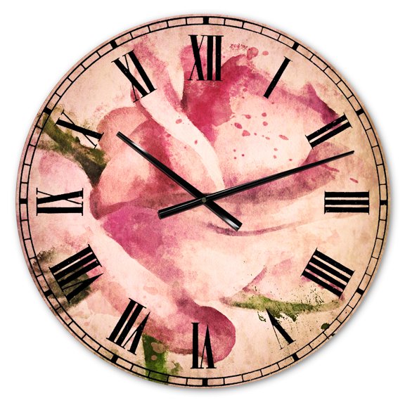 Designart 'Pink Rose Drawing Watercolor' Traditional wall clock