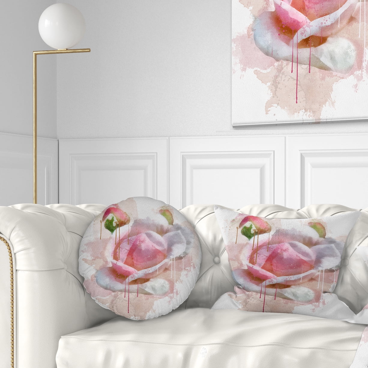 Designart Pink Rose Flower with Paint Splashes - Floral Throw Pillow - 12x20