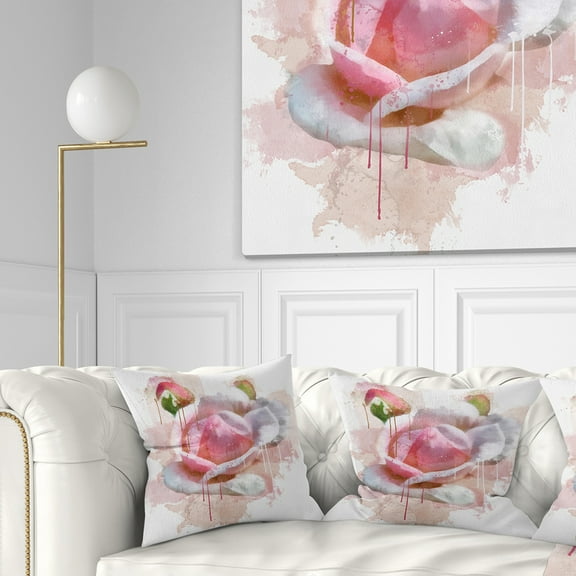 Designart Pink Rose Flower with Paint Splashes - Floral Throw Pillow - 16x16