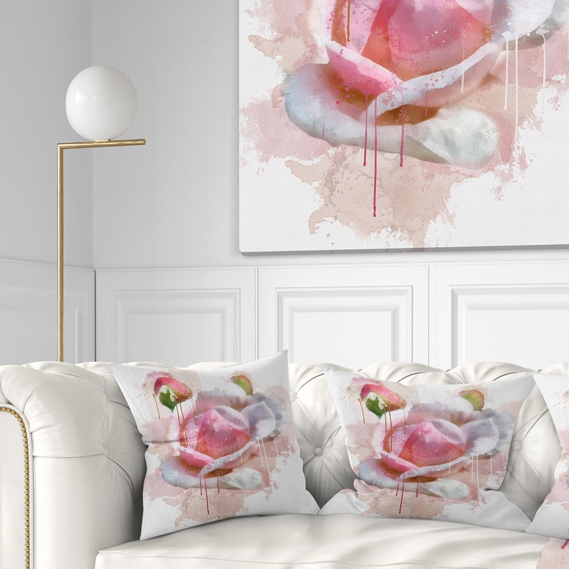 Designart Pink Rose Flower with Paint Splashes - Floral Throw Pillow - 18x18