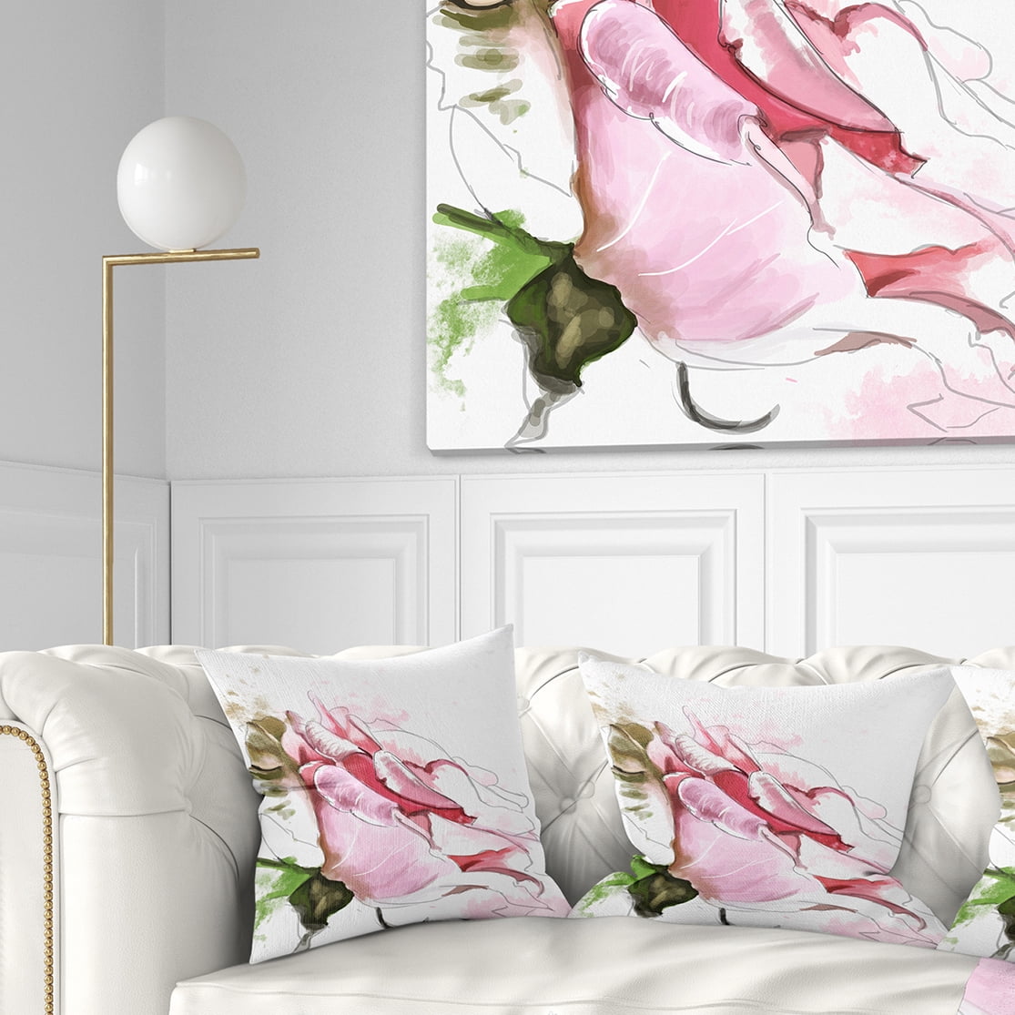 Designart Pink Rose Illustration on White - Floral Throw Pillow - 18x18
