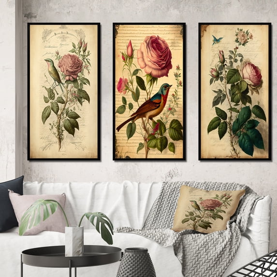 Designart "Pink Rose on Retro Parchment Classic Elegance" Floral Rose Framed Wall Art Set Of 3 - Pink Traditional Frame Canvas Set For Living Room Decor