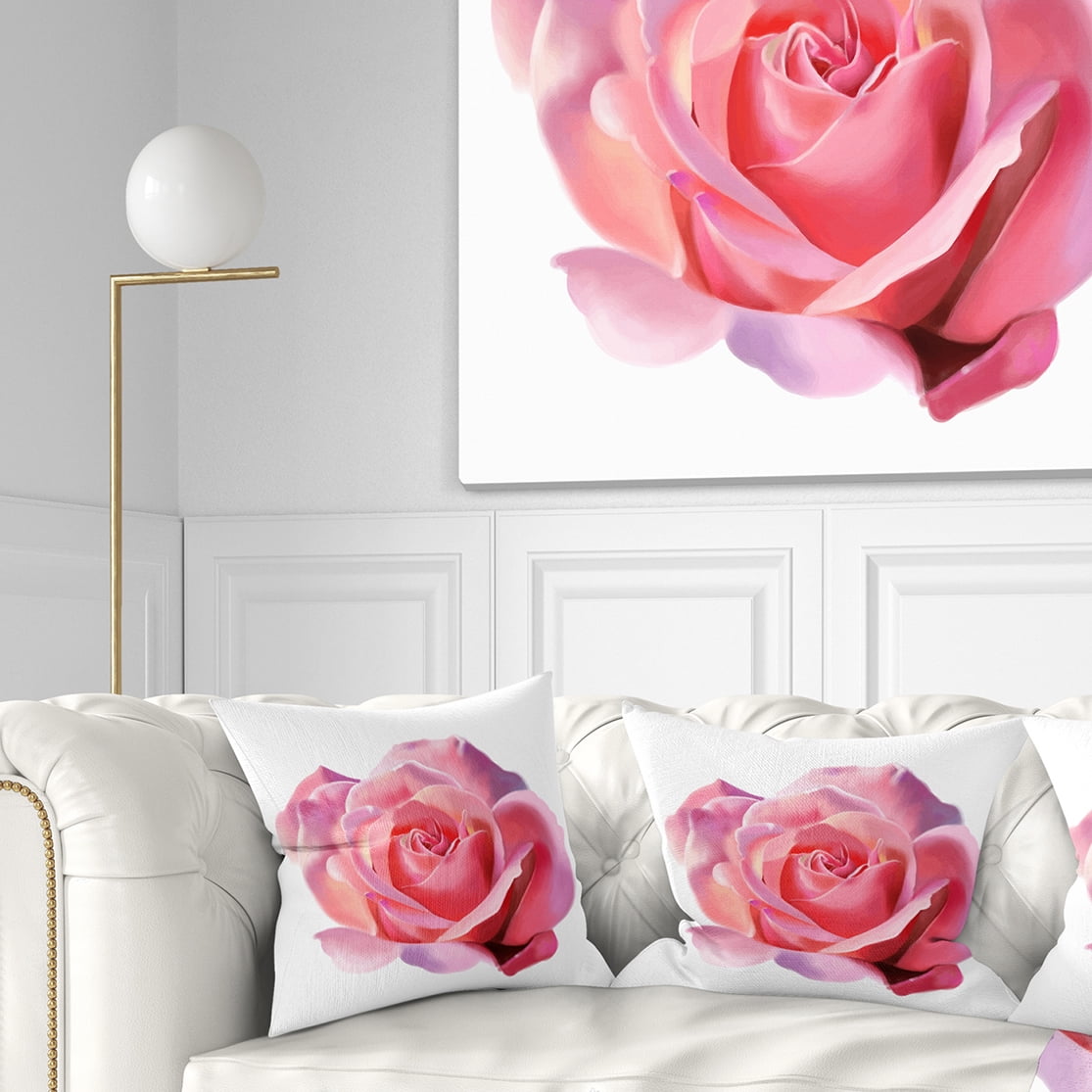 Designart Pink Rose Sketch on White Background - Flowers Throw Pillowwork - 16x16