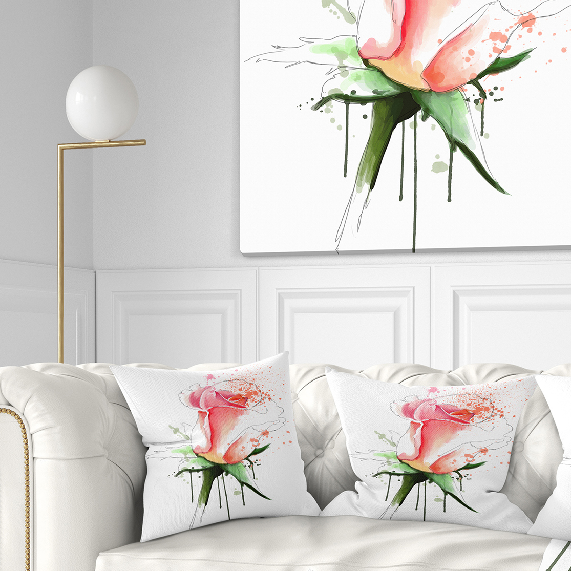 Designart Pink Rose Sketch with Green Calyx - Floral Throw Pillow - 18x18