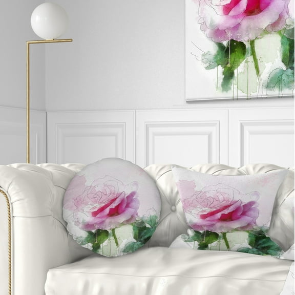 Designart Pink Rose Sketch with Green Leaves - Floral Throw Pillow - 12x20