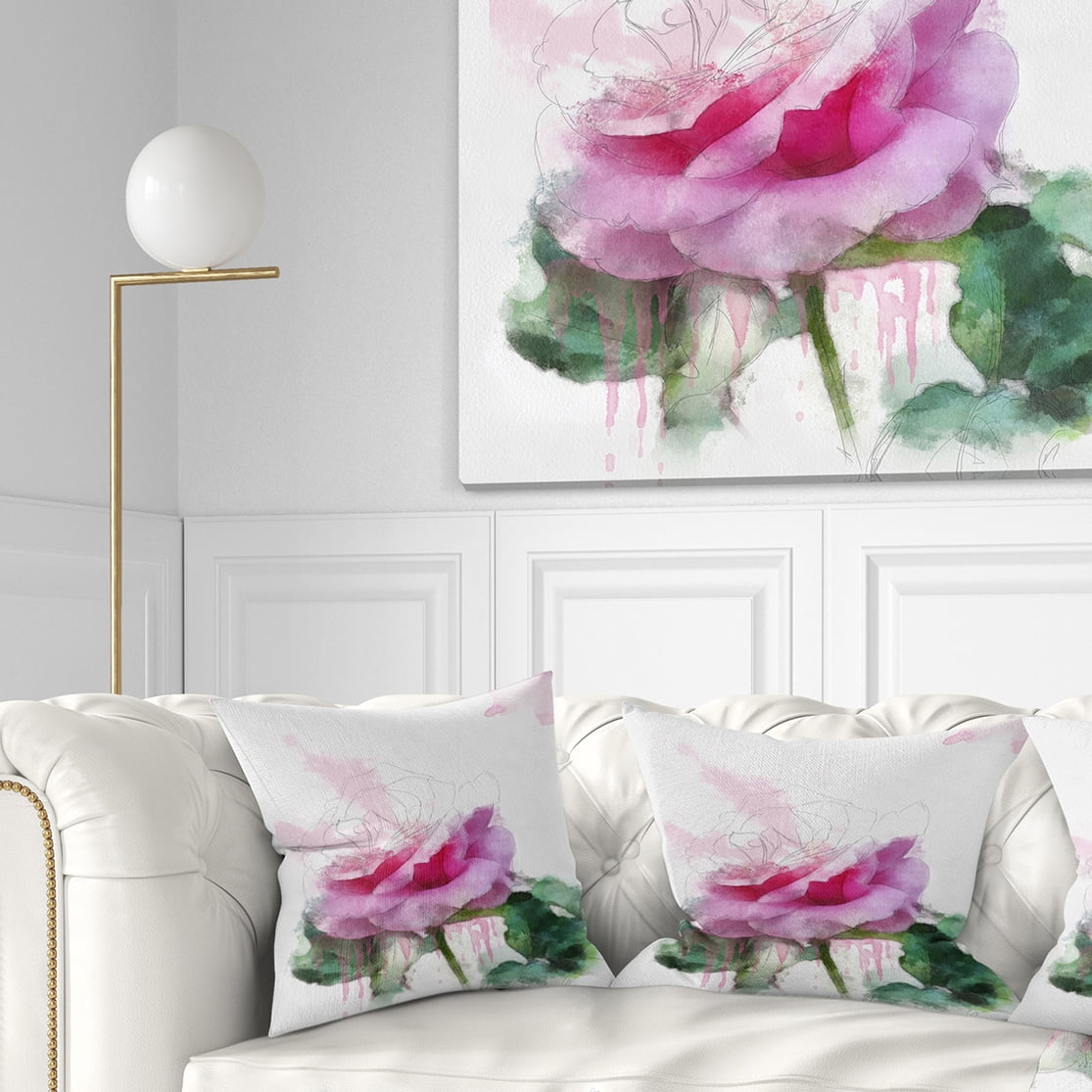 Designart Pink Rose Stem with Paint Splashes - Floral Throw Pillow - 16x16