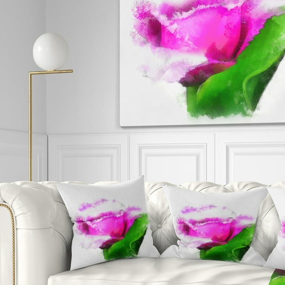 Designart Pink Rose Watercolor with Leaves - Floral Throw Pillow - 16x16