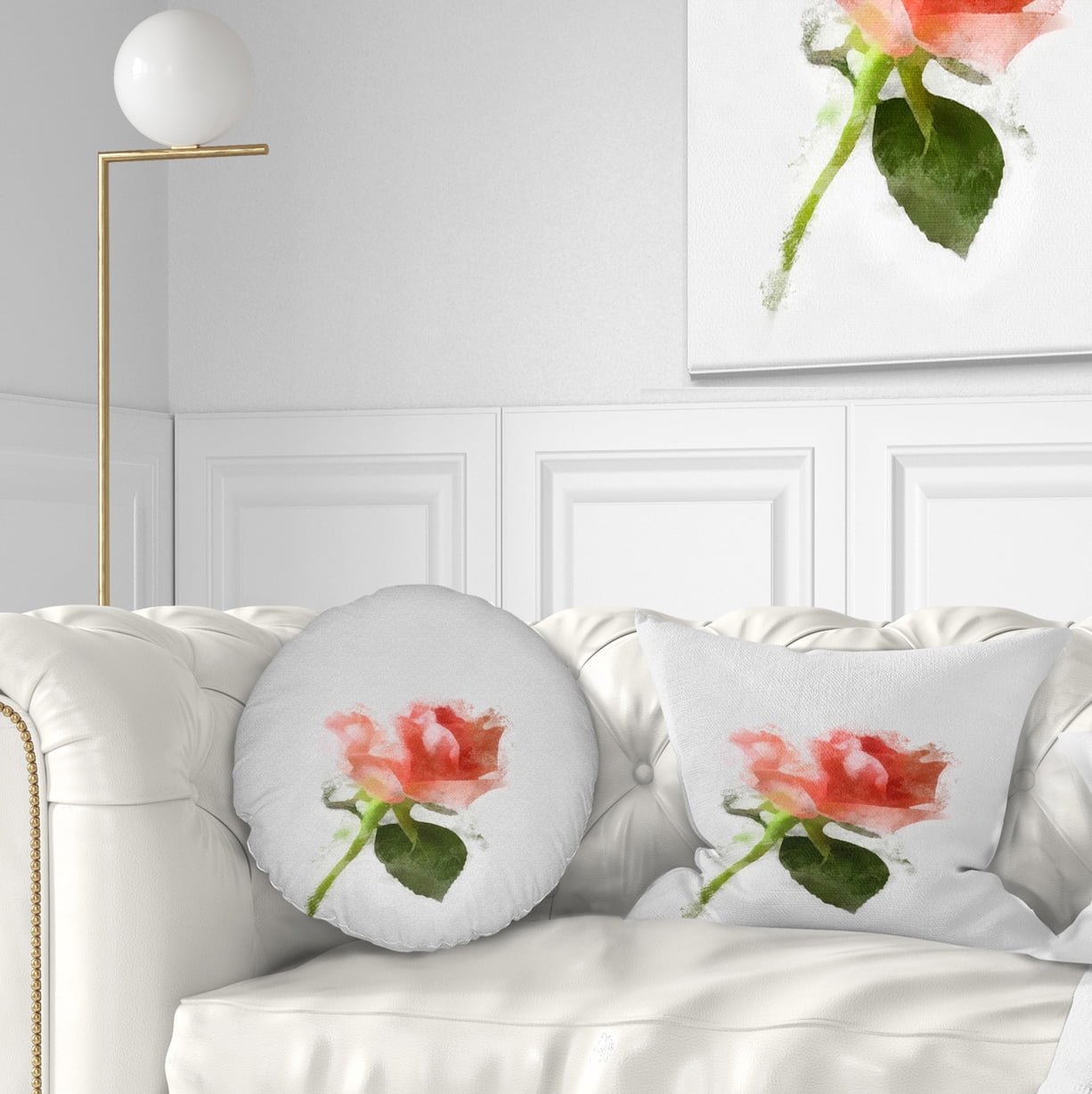 Designart Pink Rose Watercolor with Stem - Floral Throw Pillow - 12x20