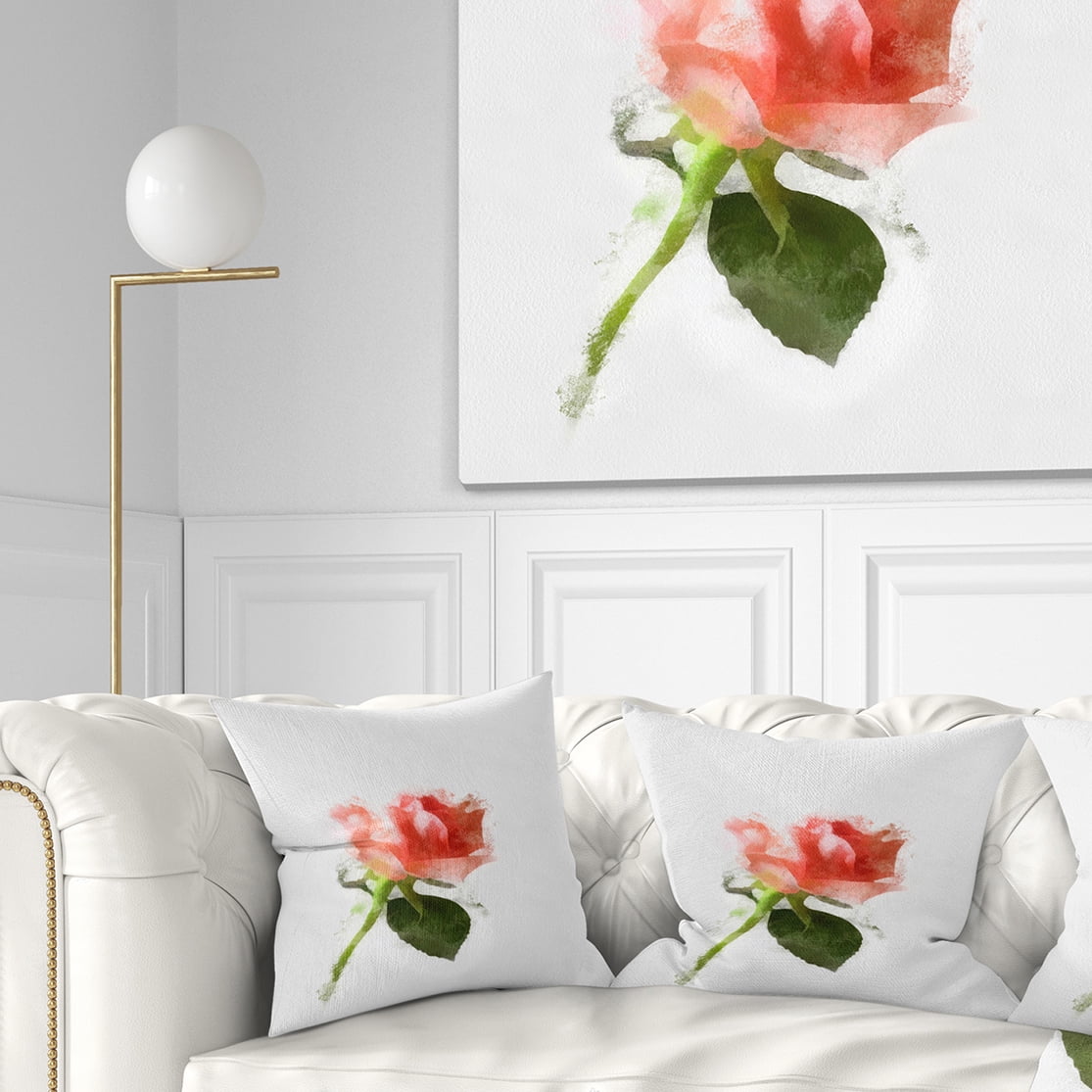 Designart Pink Rose Watercolor with Stem - Floral Throw Pillow - 16x16
