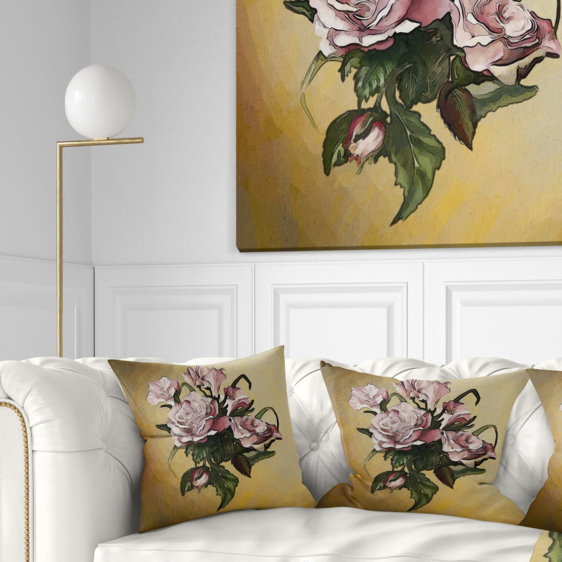 Designart Pink Rose with Leaves Watercolor - Floral Throw Pillow - 16x16
