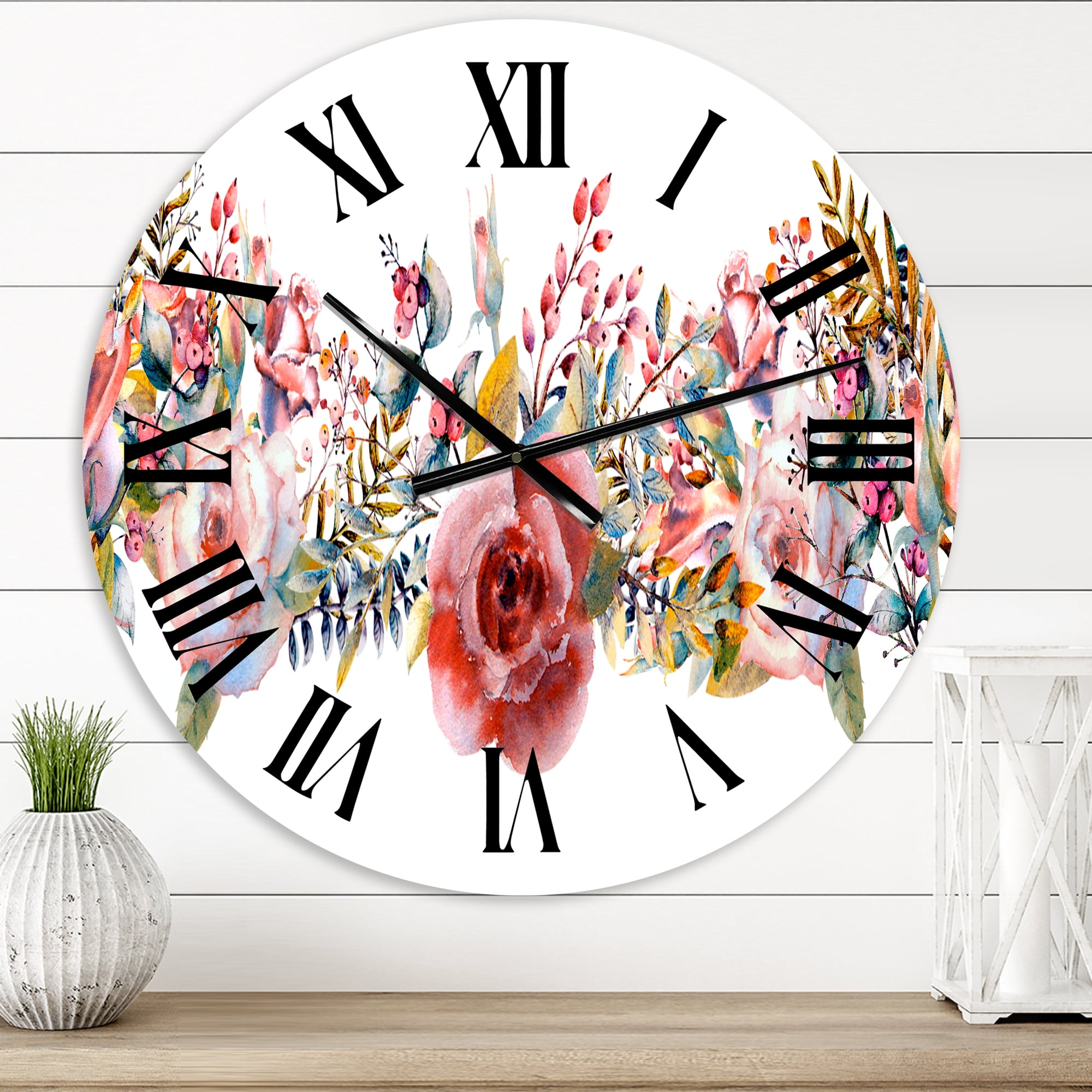 Designart 'Pink Roses And Wildflower' Farmhouse Wall Clock