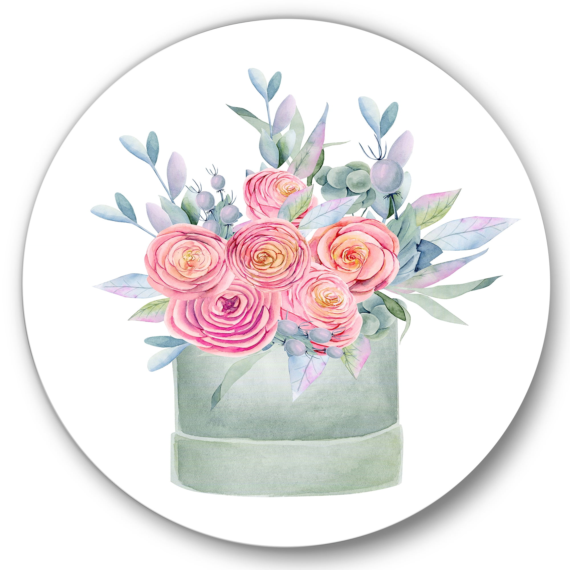 Designart 'Pink Roses With Gift Box' Farmhouse Circle Metal Wall Art 23x23 - Disc of 23