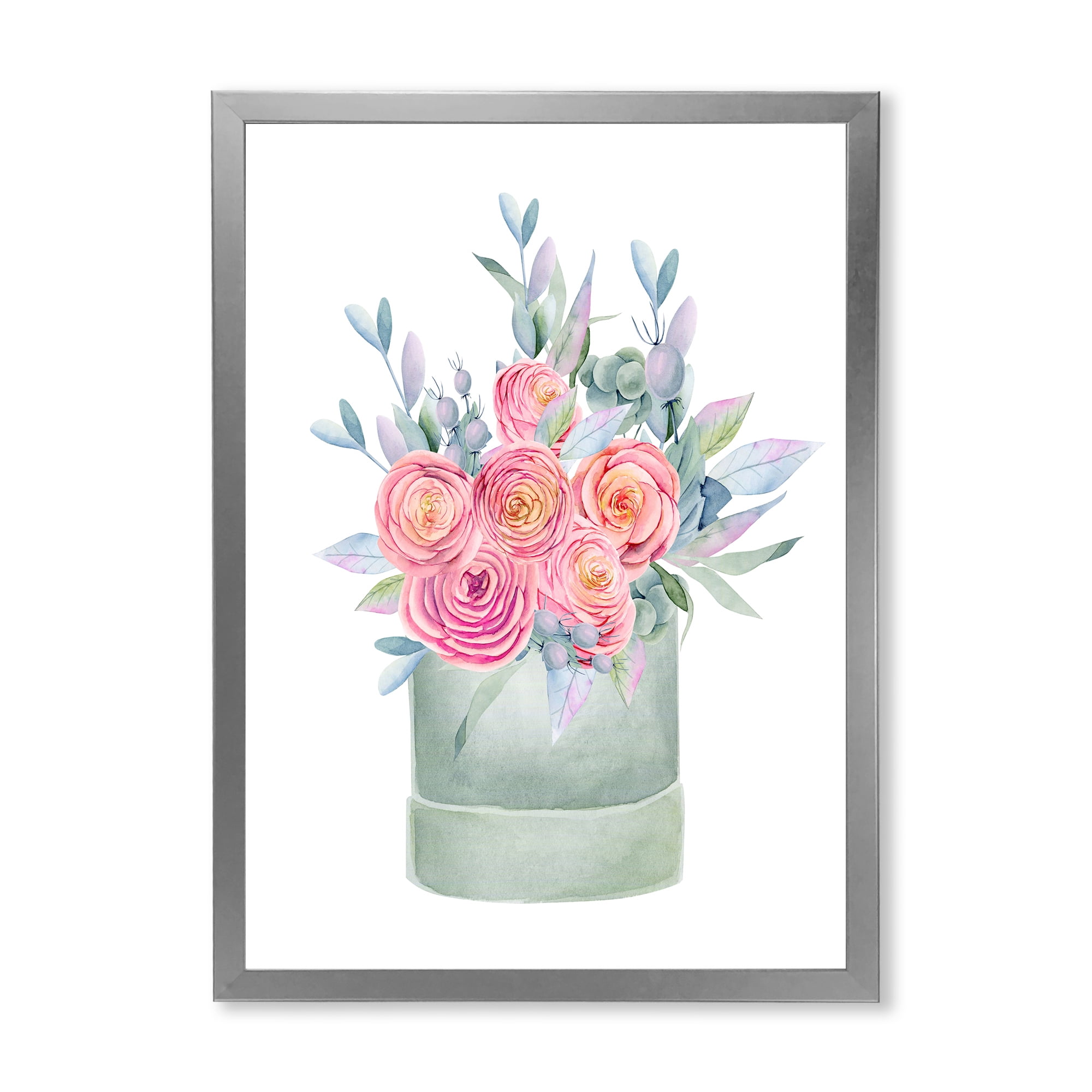 Designart 'Pink Roses With Gift Box' Farmhouse Framed Art Print