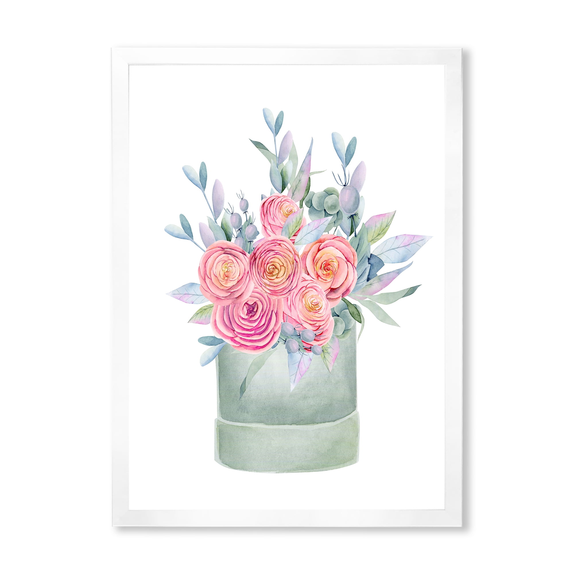 Designart 'Pink Roses With Gift Box' Farmhouse Framed Art Print