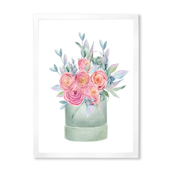 Designart 'Pink Roses With Gift Box' Farmhouse Framed Art Print