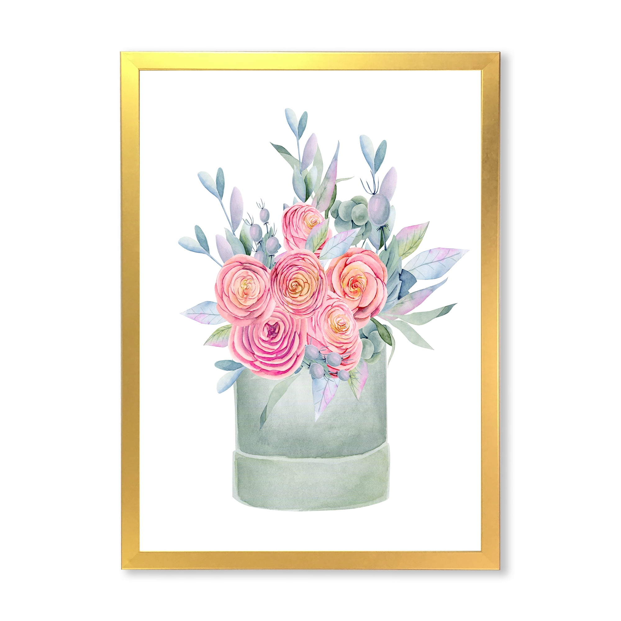 Designart 'Pink Roses With Gift Box' Farmhouse Framed Art Print
