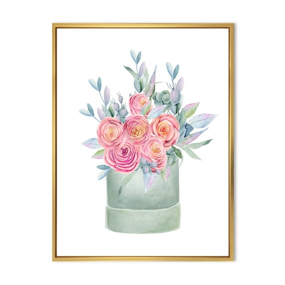 Designart 'Pink Roses With Gift Box' Farmhouse Framed Canvas Wall Art Print