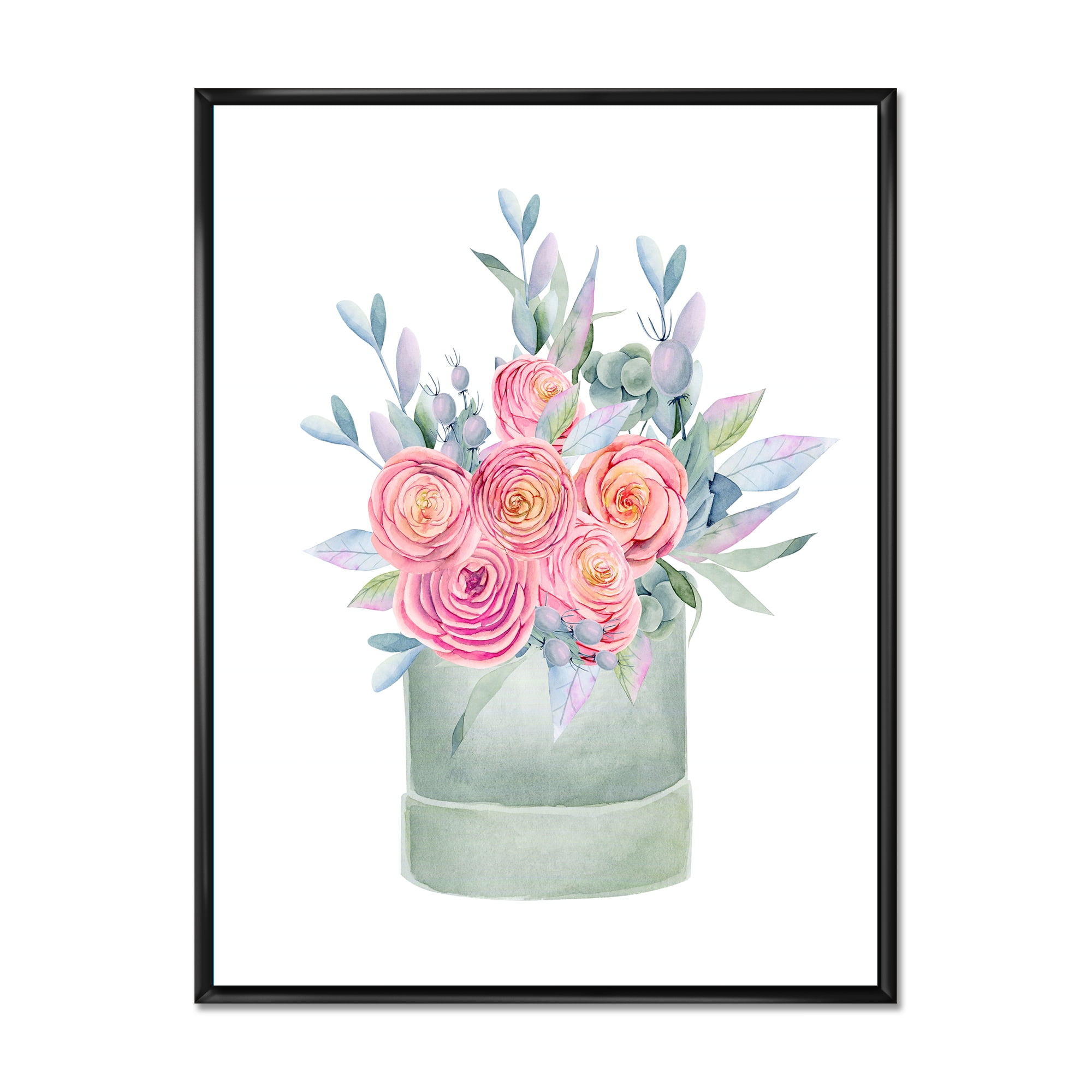 Designart 'Pink Roses With Gift Box' Farmhouse Framed Canvas Wall Art Print
