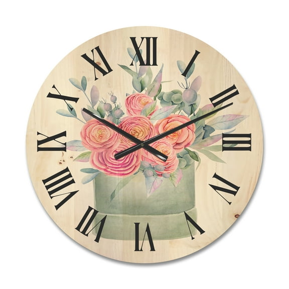 Designart 'Pink Roses With Gift Box' Farmhouse Wood Wall Clock