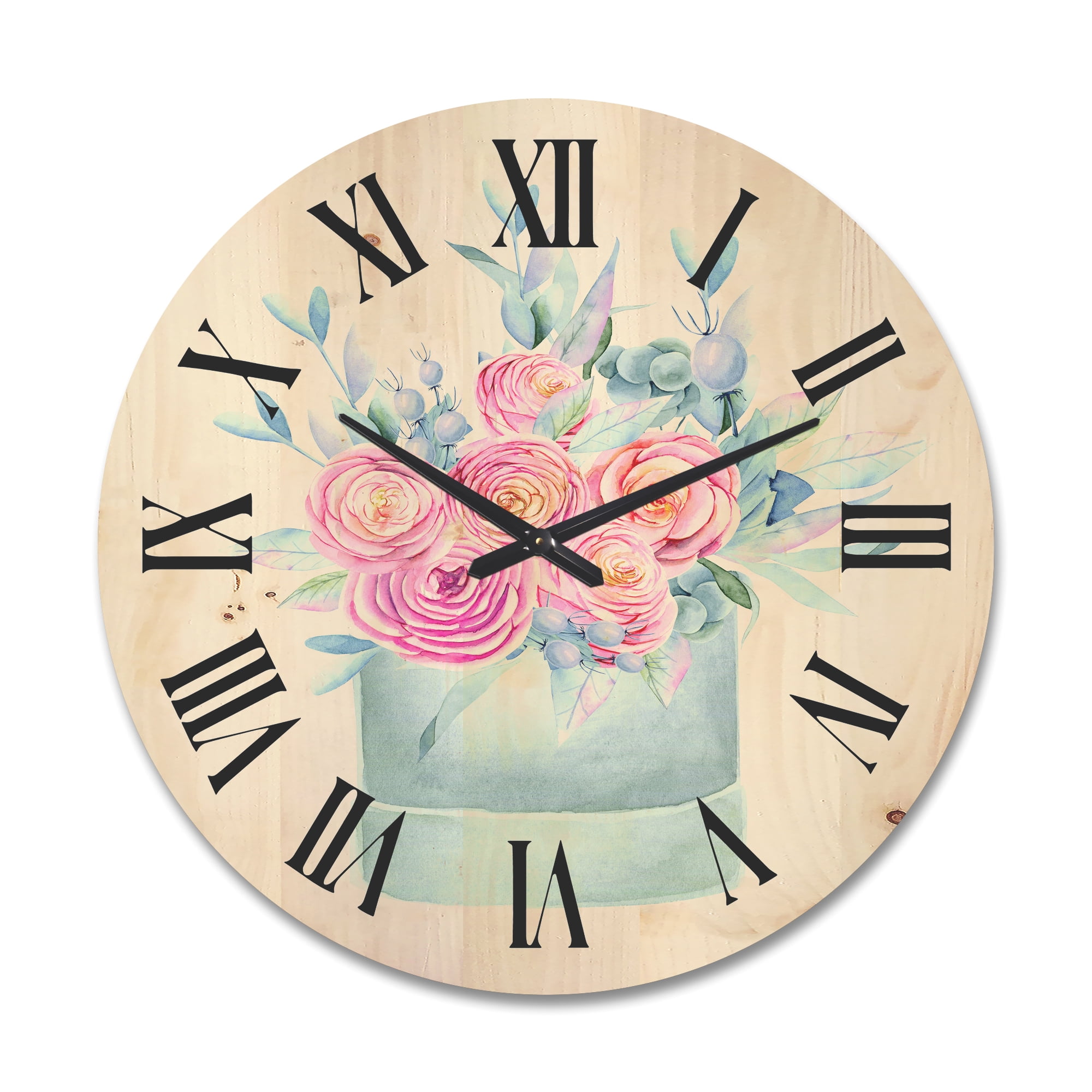 Designart 'Pink Roses With Gift Box' Farmhouse Wood Wall Clock
