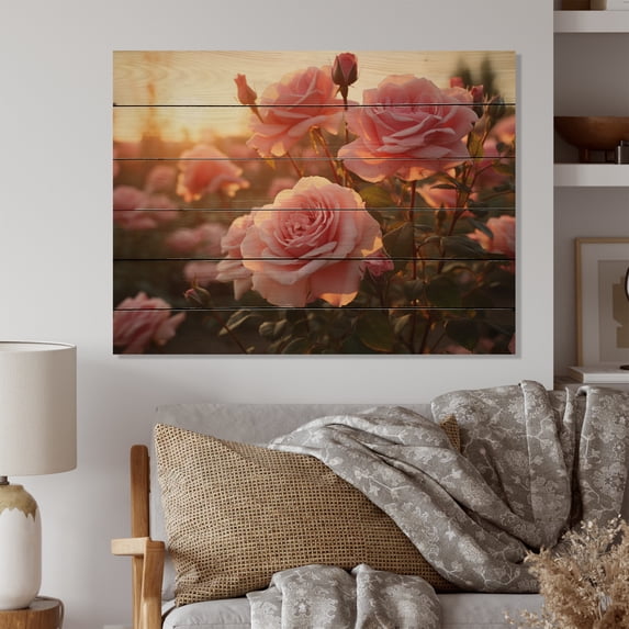 Designart "Pink Roses landscape With Sunset" Floral Print on Natural Pine Wood