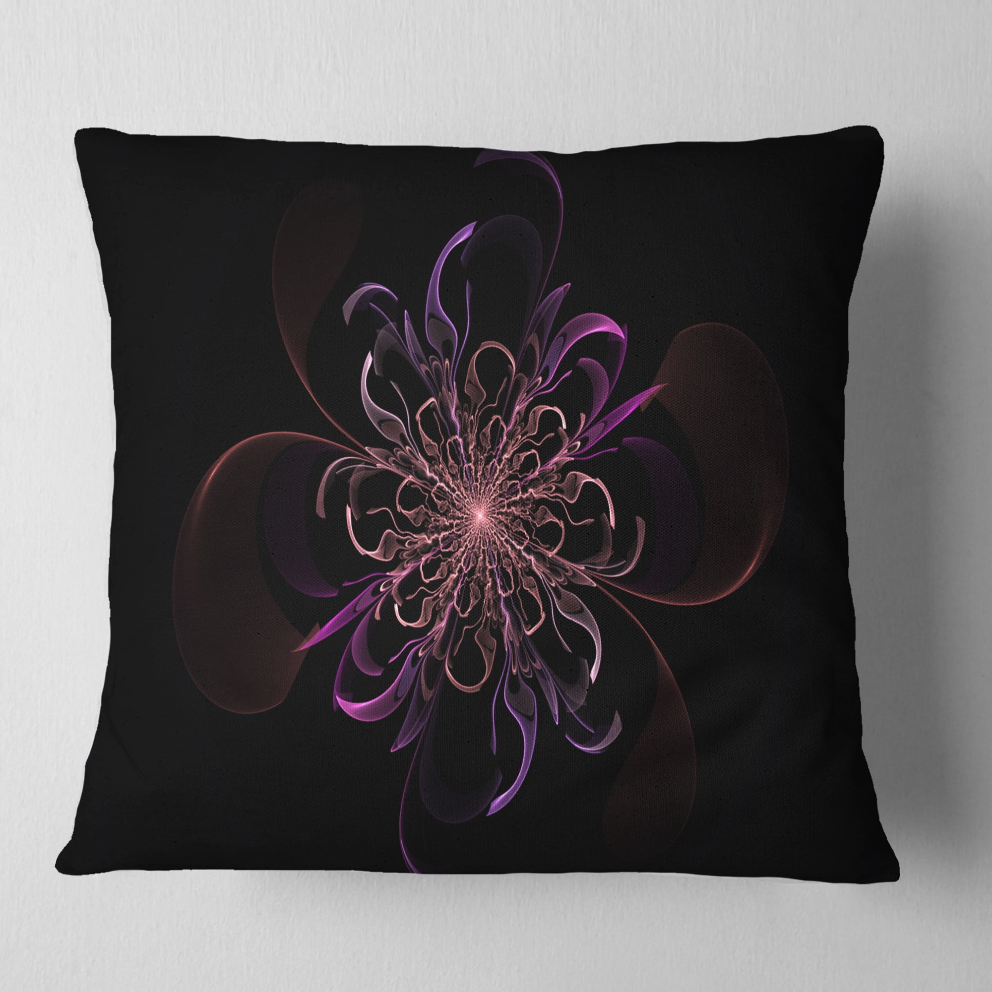 Designart Pink Rounded Fractal Flower in Black - Floral Throw Pillow - 16x16