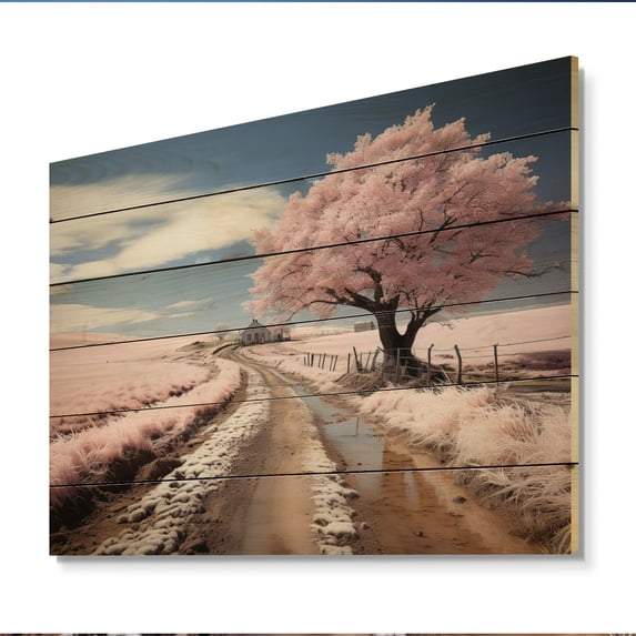 Designart "Pink Rural Road Calm I" Landscapes Print on Natural Pine Wood