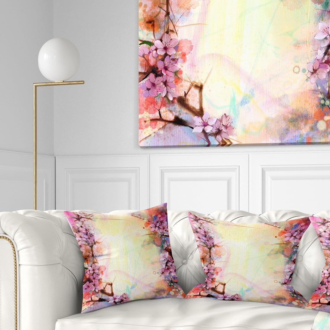 Designart Pink Sakura on Blurred Background - Floral Throw Pillow - 18x18