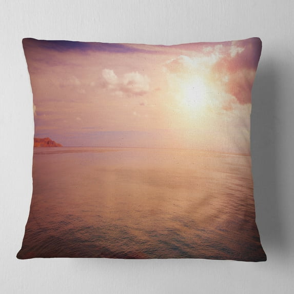 Designart Pink Sky Over Dark Beach at Sunset - Seashore Throw Pillow - 18x18