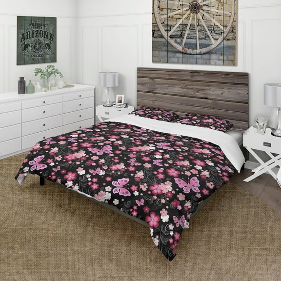 Designart 'Pink Stylized Flowers And Butterflies' Floral Duvet Cover Set