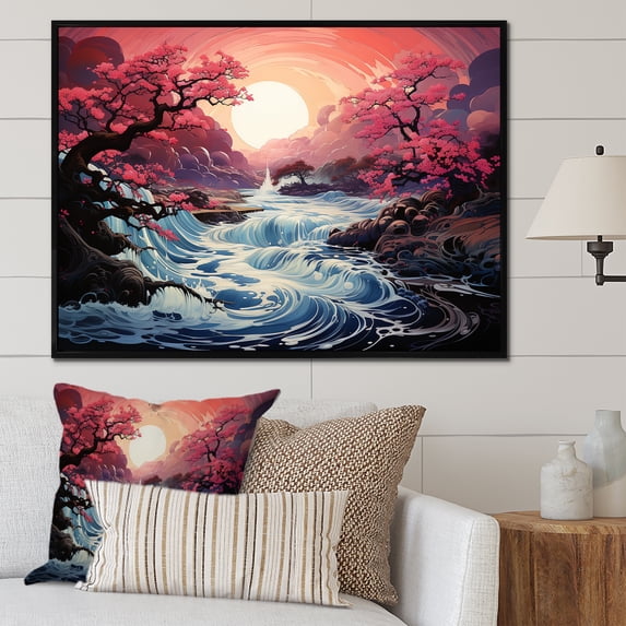 Designart "Pink Sunrise Over a Japanese River" Landscapes Framed Wall Art - Country Pink Forest River Bedroom Framed Canvas Wall Art