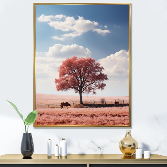 Designart "Pink Tree Tranquil landscapes" Landscapes Floater Framed Canvas Art Print
