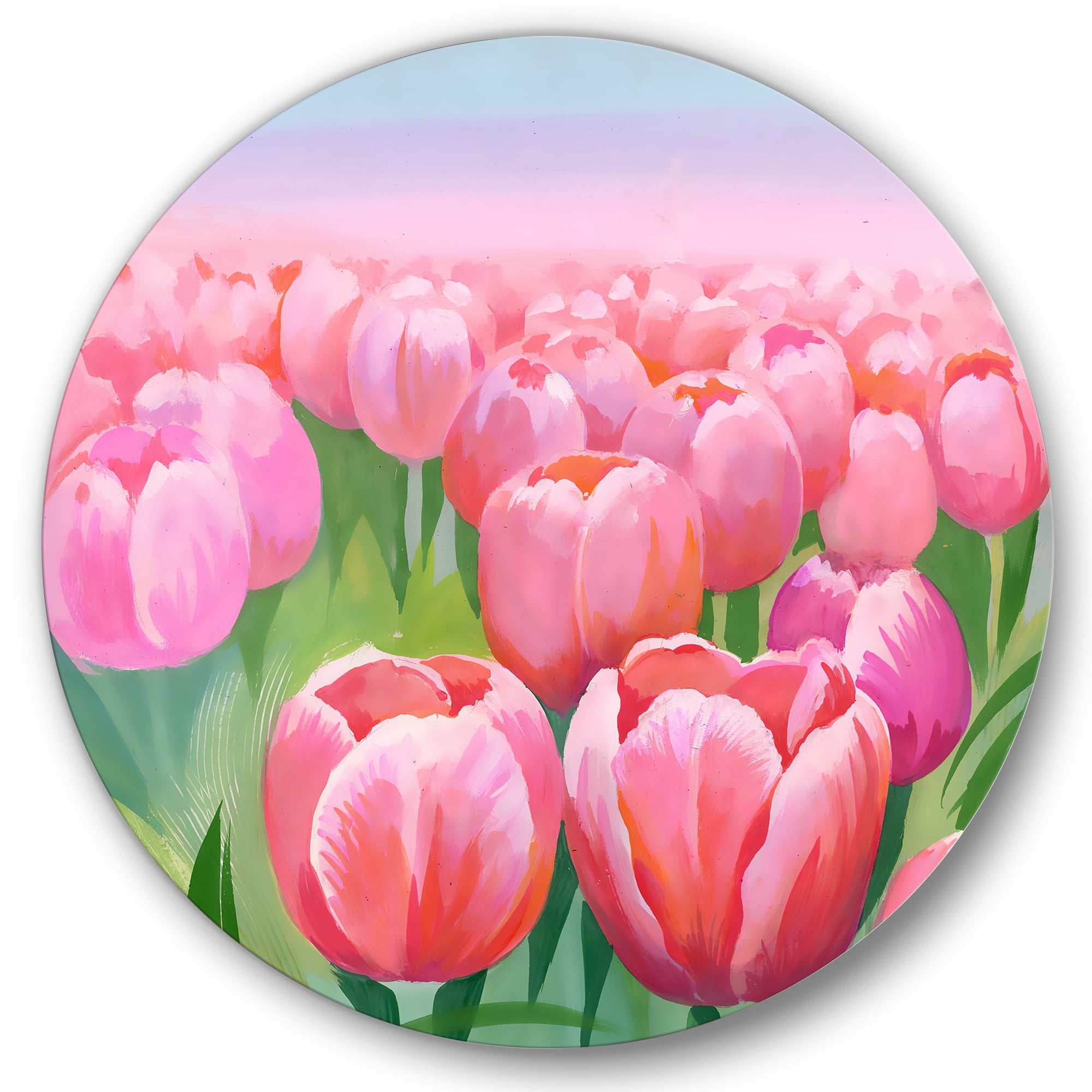 Designart 'Pink Tulips in Field' Traditional Circle Metal Wall Art 29x29 - Disc of 29