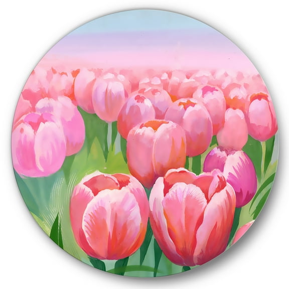 Designart 'Pink Tulips in Field' Traditional Circle Metal Wall Art 36x36 - Disc of 36