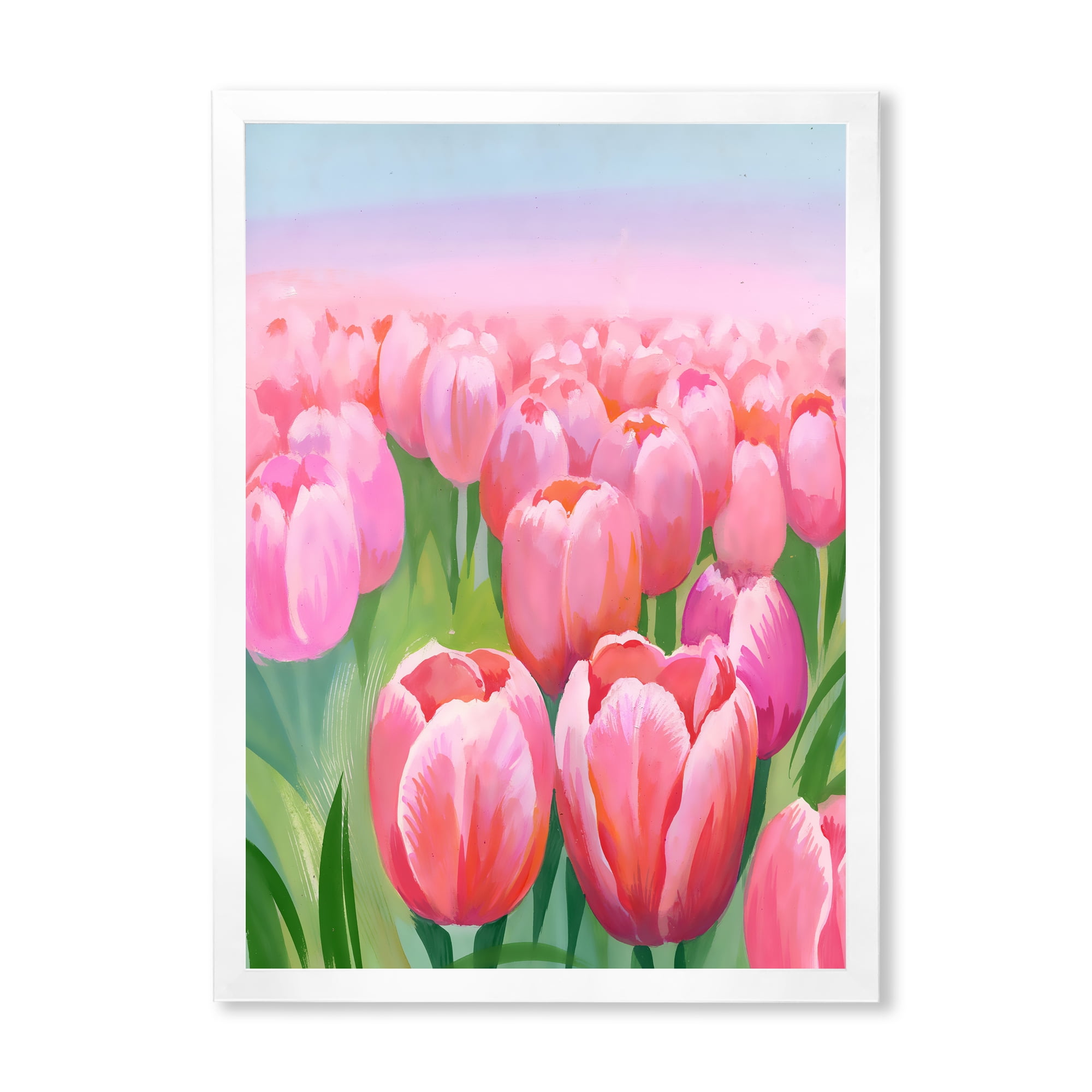 Designart 'Pink Tulips in Field' Traditional Framed Art Print