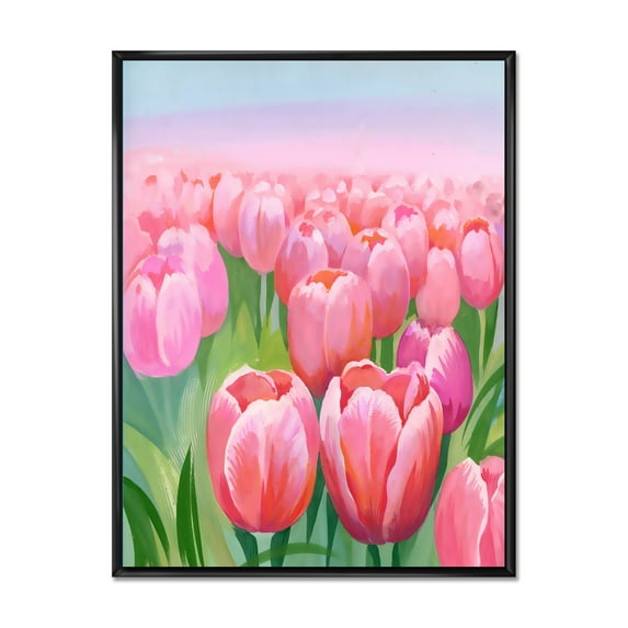 Designart 'Pink Tulips in Field' Traditional Framed Canvas Wall Art Print