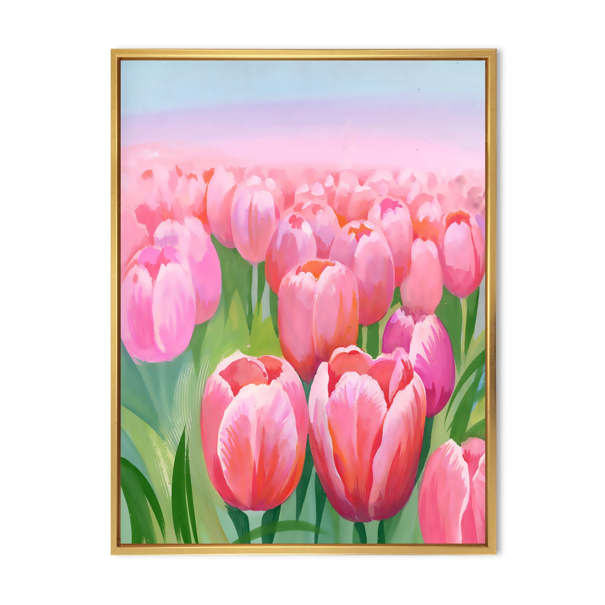 Designart 'Pink Tulips in Field' Traditional Framed Canvas Wall Art Print