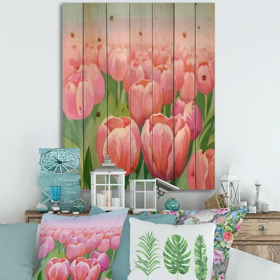 Designart 'Pink Tulips in Field' Traditional Print on Natural Pine Wood
