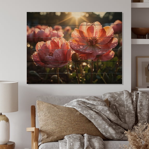 Designart "Pink Tulips landscape With Sunset I" Floral Print on Natural Pine Wood