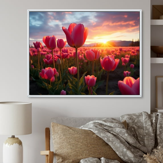 Designart "Pink Tulips landscape With Sunset II" Floral Floater Framed Canvas Print