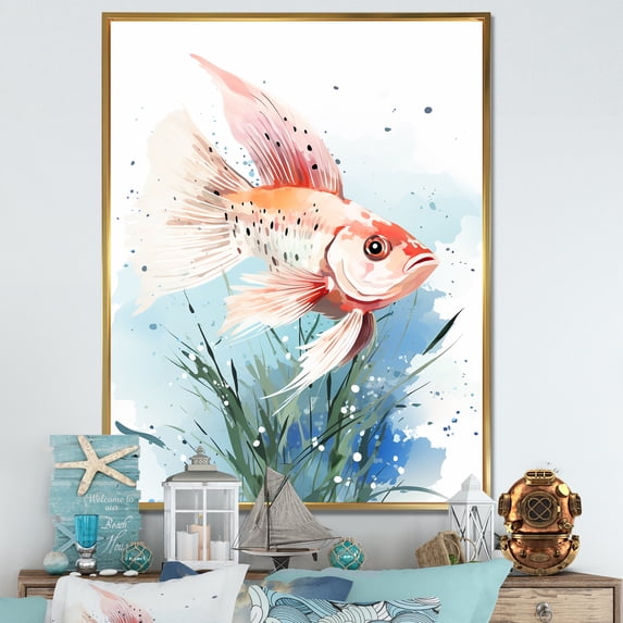 Designart "Pink Underwater Butterfly Fish" Animals Framed Wall Art - Modern Pink Butterfly Fish Entryway Framed Wall Art Print
