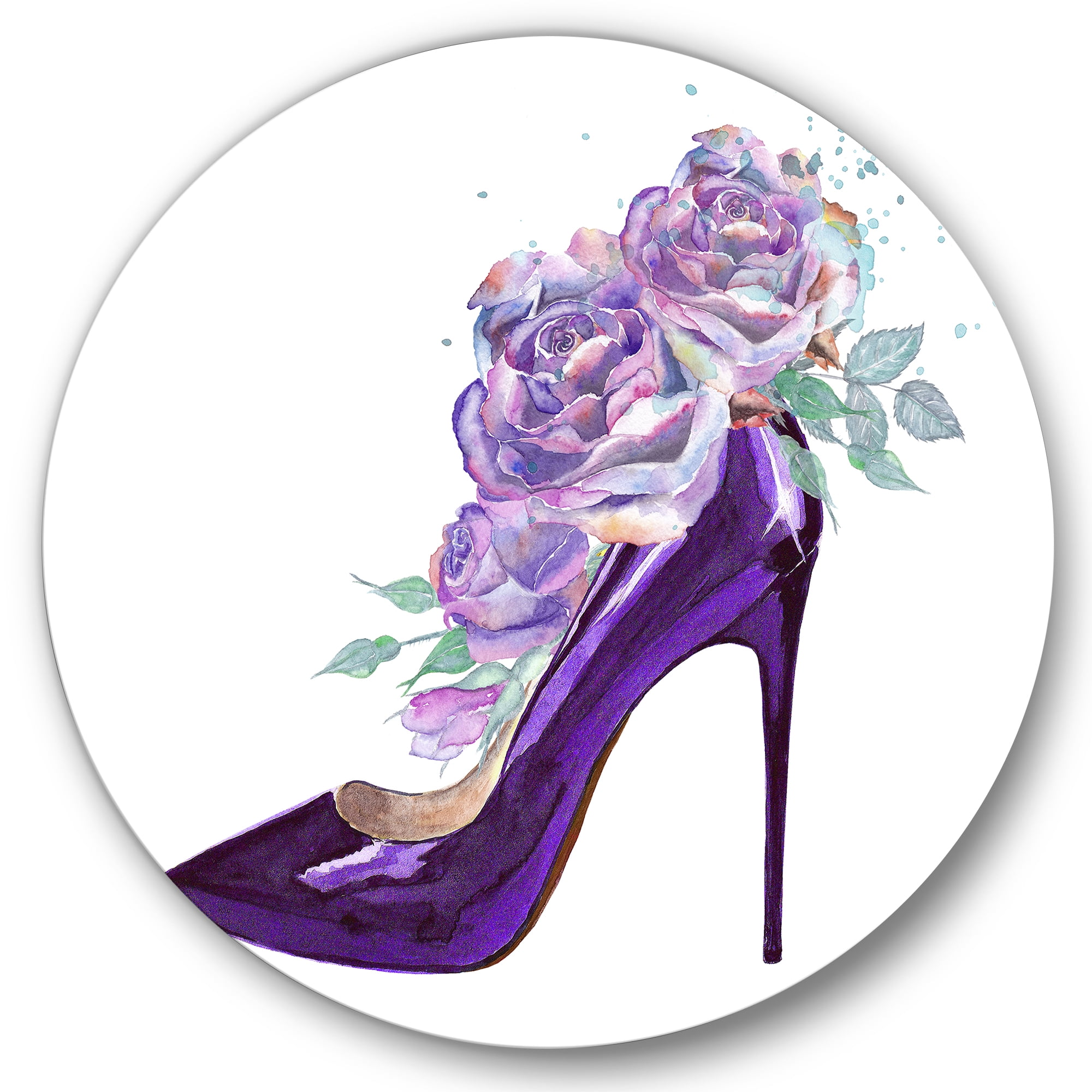 Designart 'Pink VIolet Roses With Dark Purple Stiletto Shoe' Traditional Circle Metal Wall Art 23x23 - Disc of 23